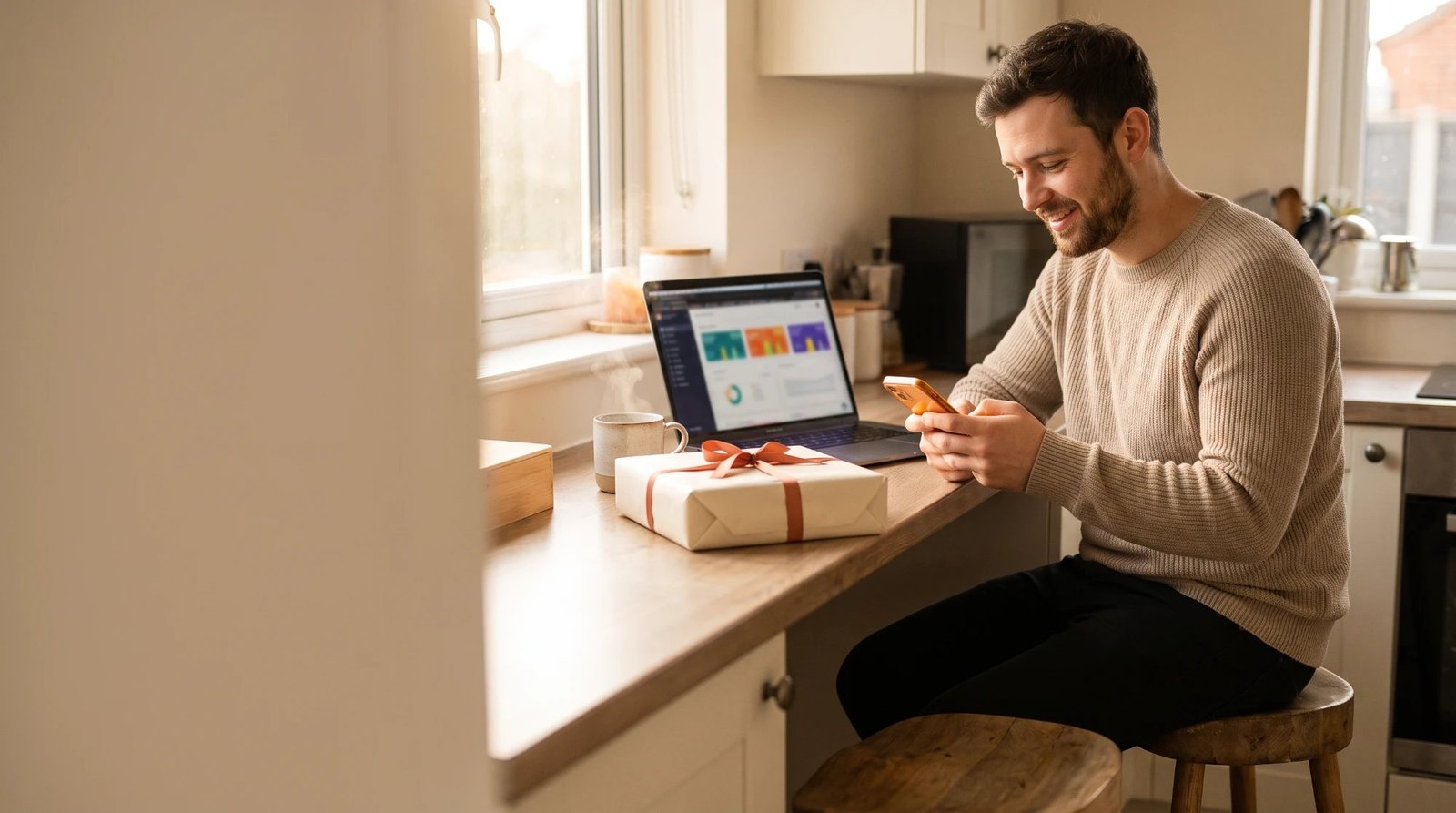 A smiling man in a beige sweater reading his phone at a kitchen counter beside a laptop showing a sales dashboard, a steaming mug, and a gift box tied with a coral ribbon